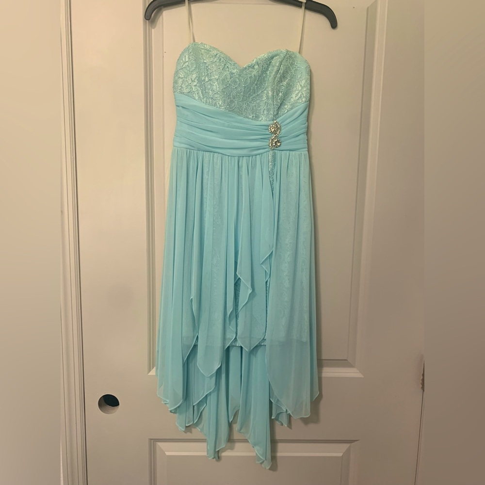 Green blue strapless homecoming or prom dress